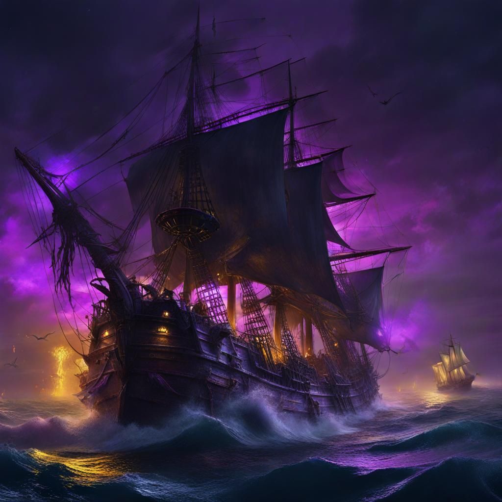 Ethereal Battle Scene: Rotten Ghost Ships Engage in Dark Fan...
