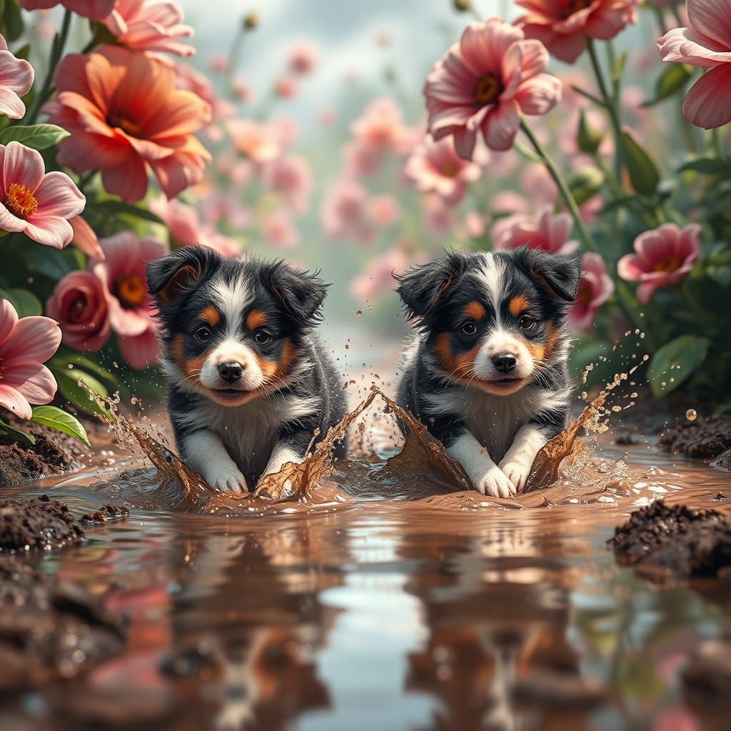 Playful Border Collie Puppies Splash in Whimsical Mud Puddle...