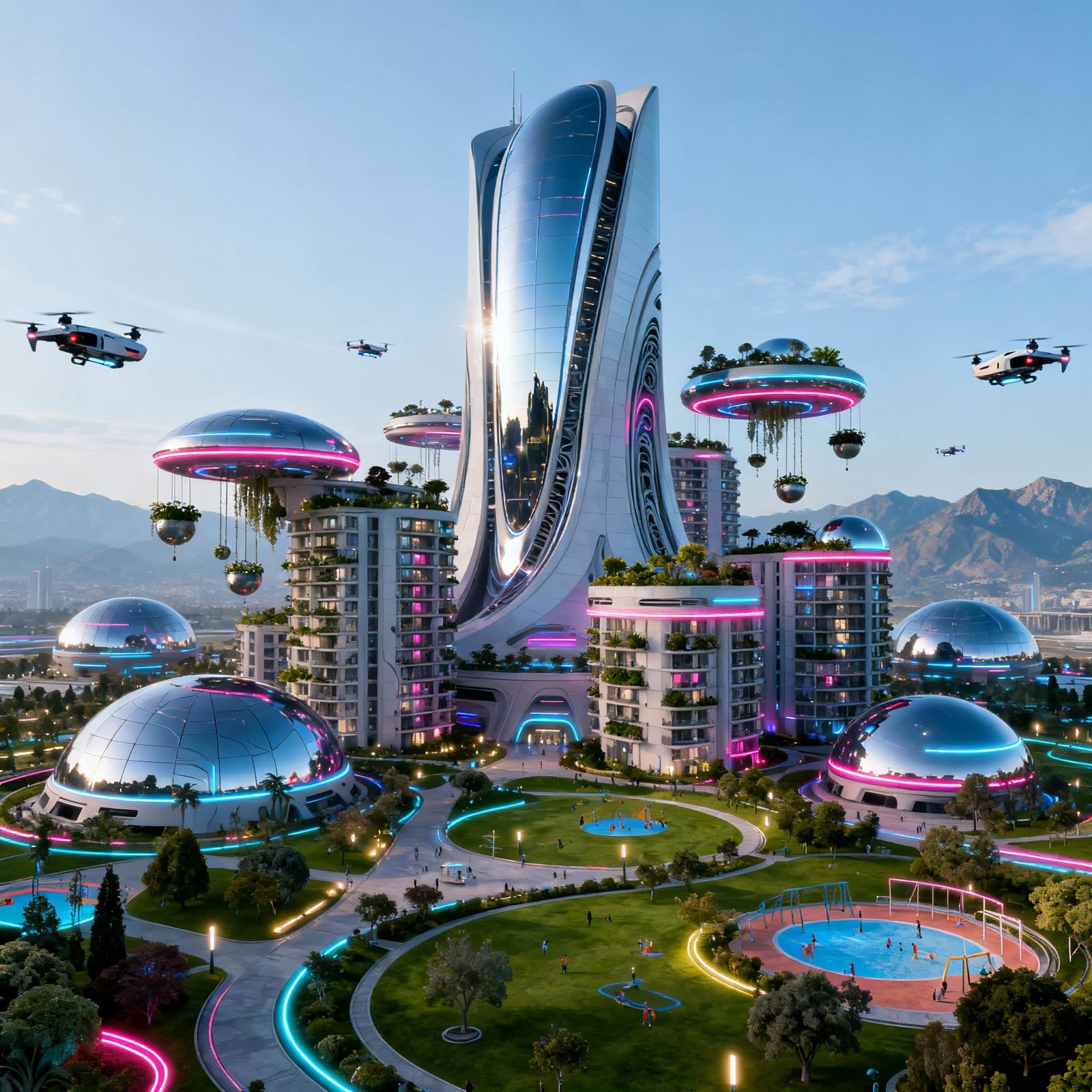 Futuristic Housing: Sleek Domes, Gardens, and Flying Cars
