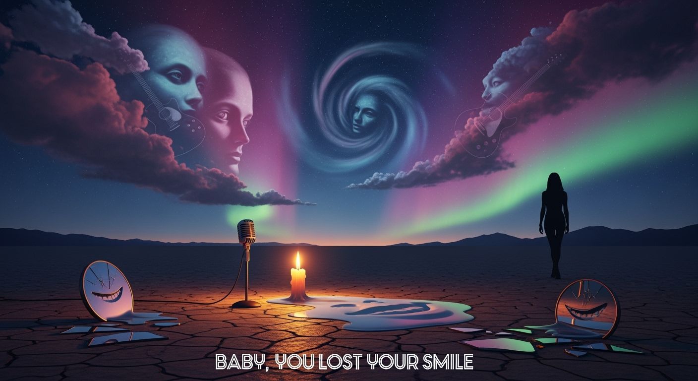 Surreal Desert Stage at Twilight: 1970s Album Art Style