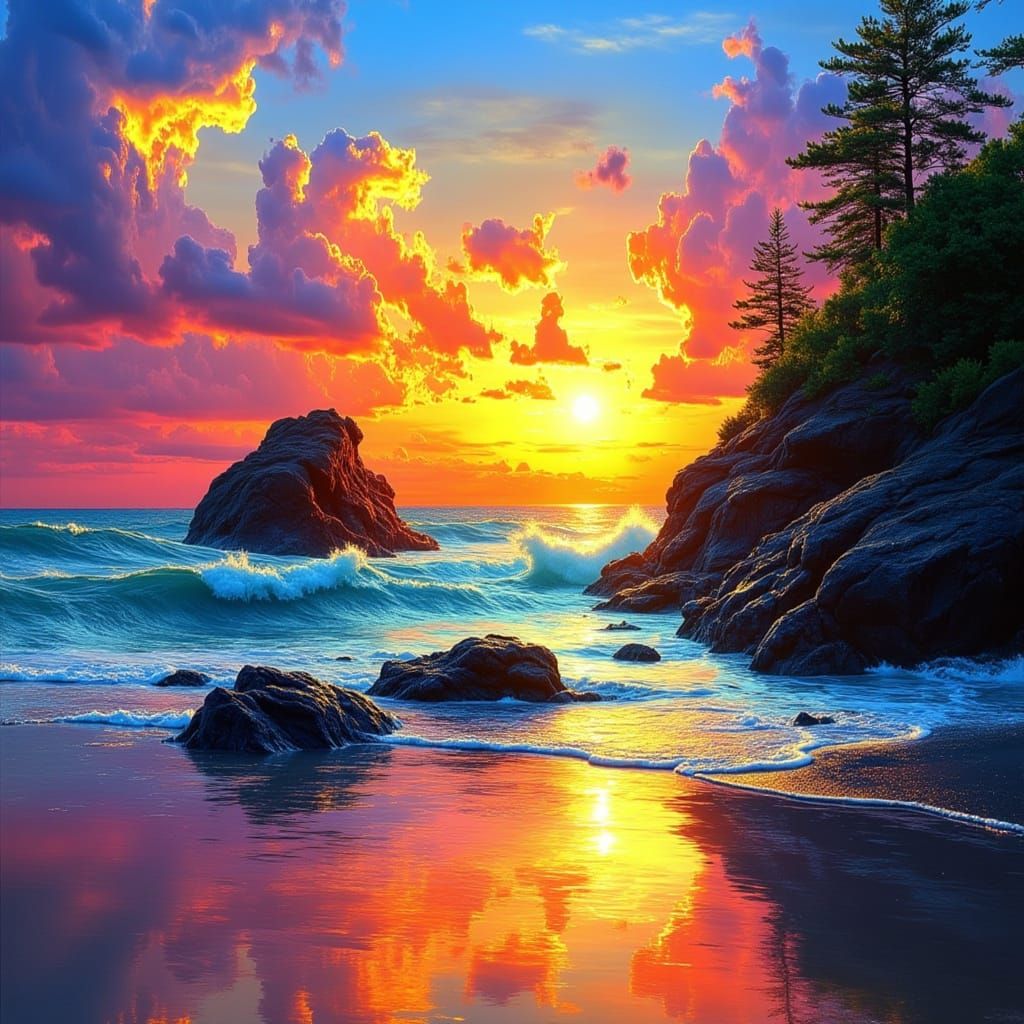 Oregon Coast Sunset Over Rocky Beach Oil Painting