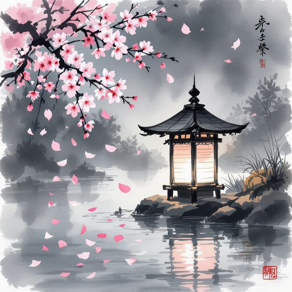 Japanese Lantern on River in Sumi-e Style