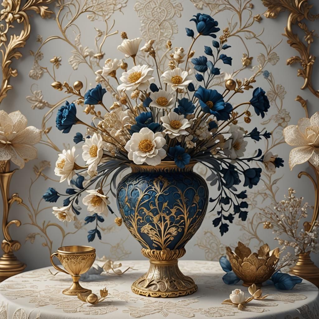 Ethereal Still Life in Ornate Gold and Blues, Fantasy Art Ma...