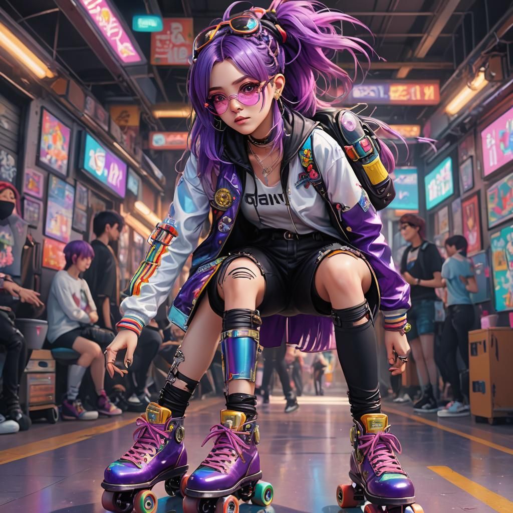 Punk Rocker Girl in Rainbow Mirrored Glasses on Roller Skate...