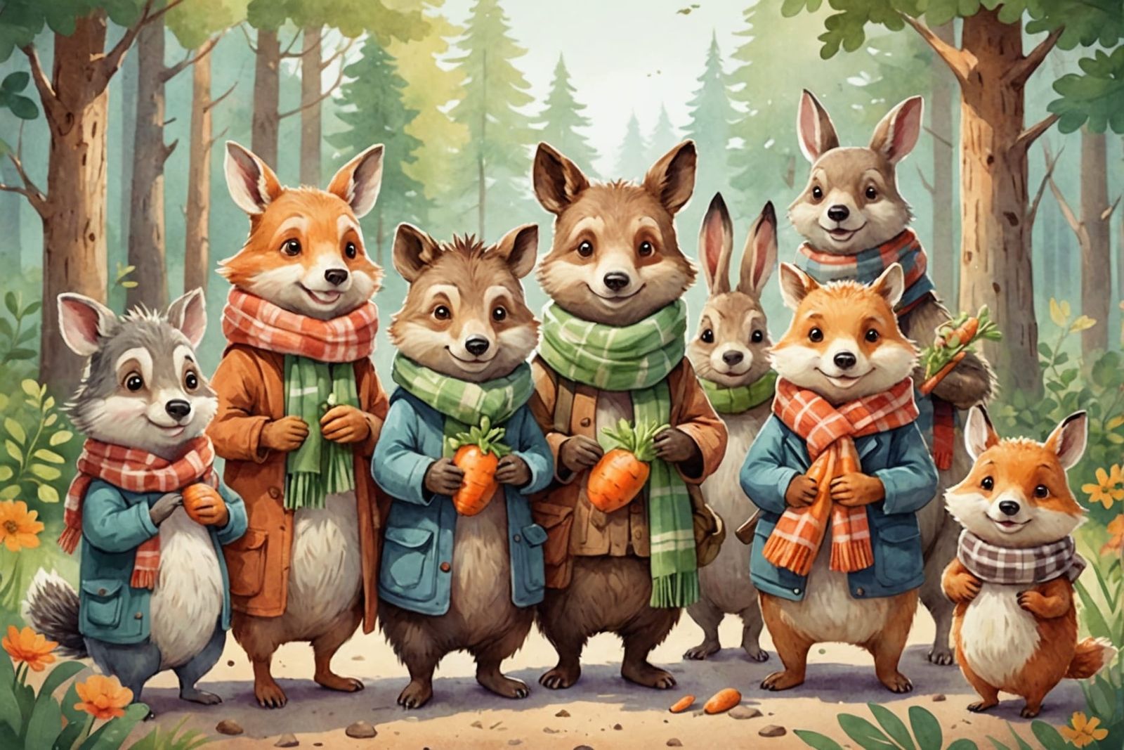 Whimsical Woodland Creatures Holding Carrots in Cozy Pastel...