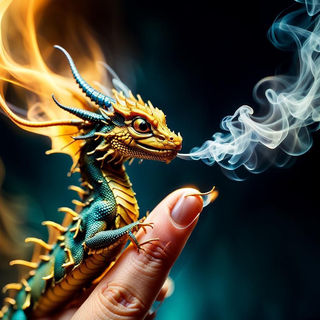 Magical Dragonling Perches on Fingertip in a Haze of Gold