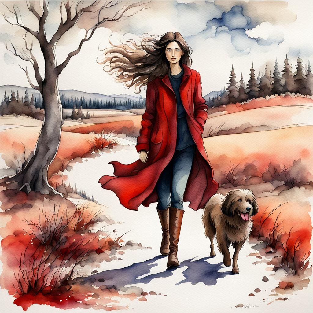 Ethereal Woman Walks Through Windy Landscape with Faithful C...