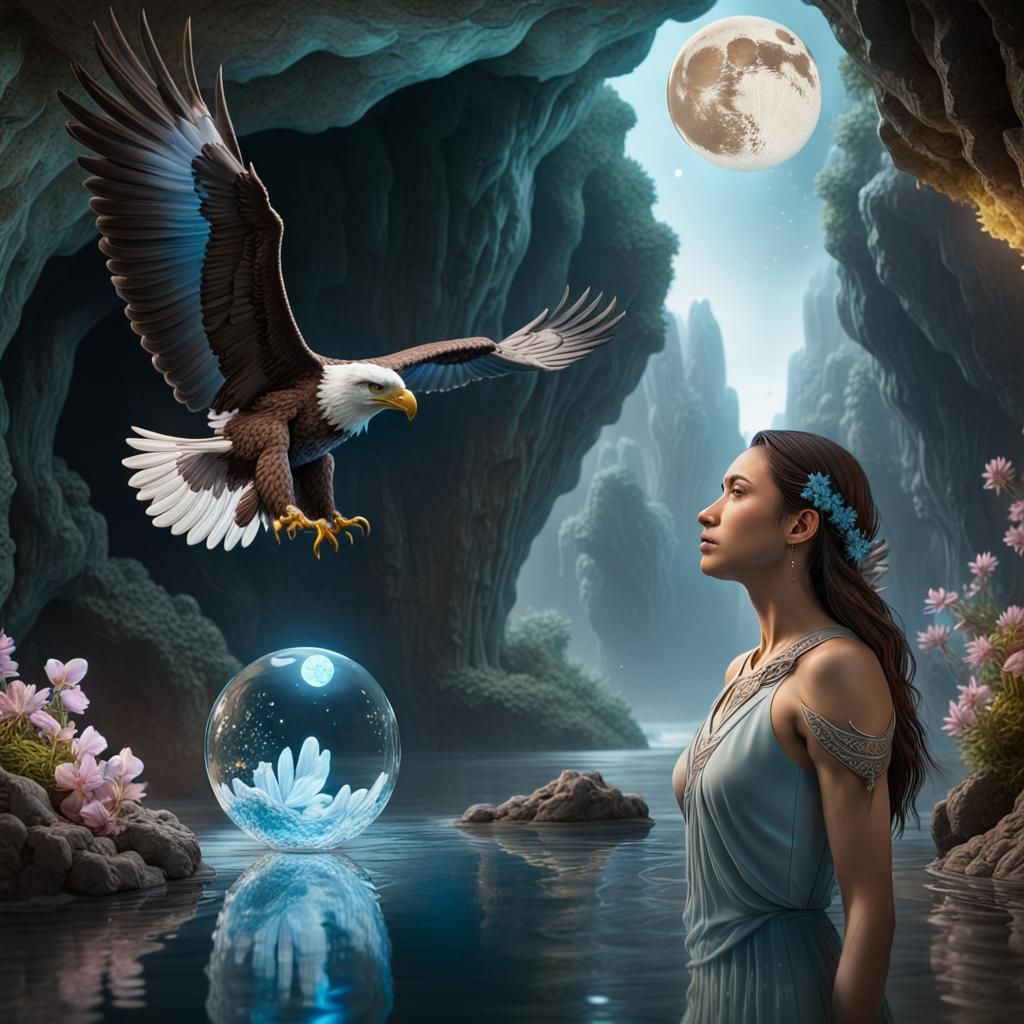 Ethereal Eagle soars above a mystical Moonlit Cave