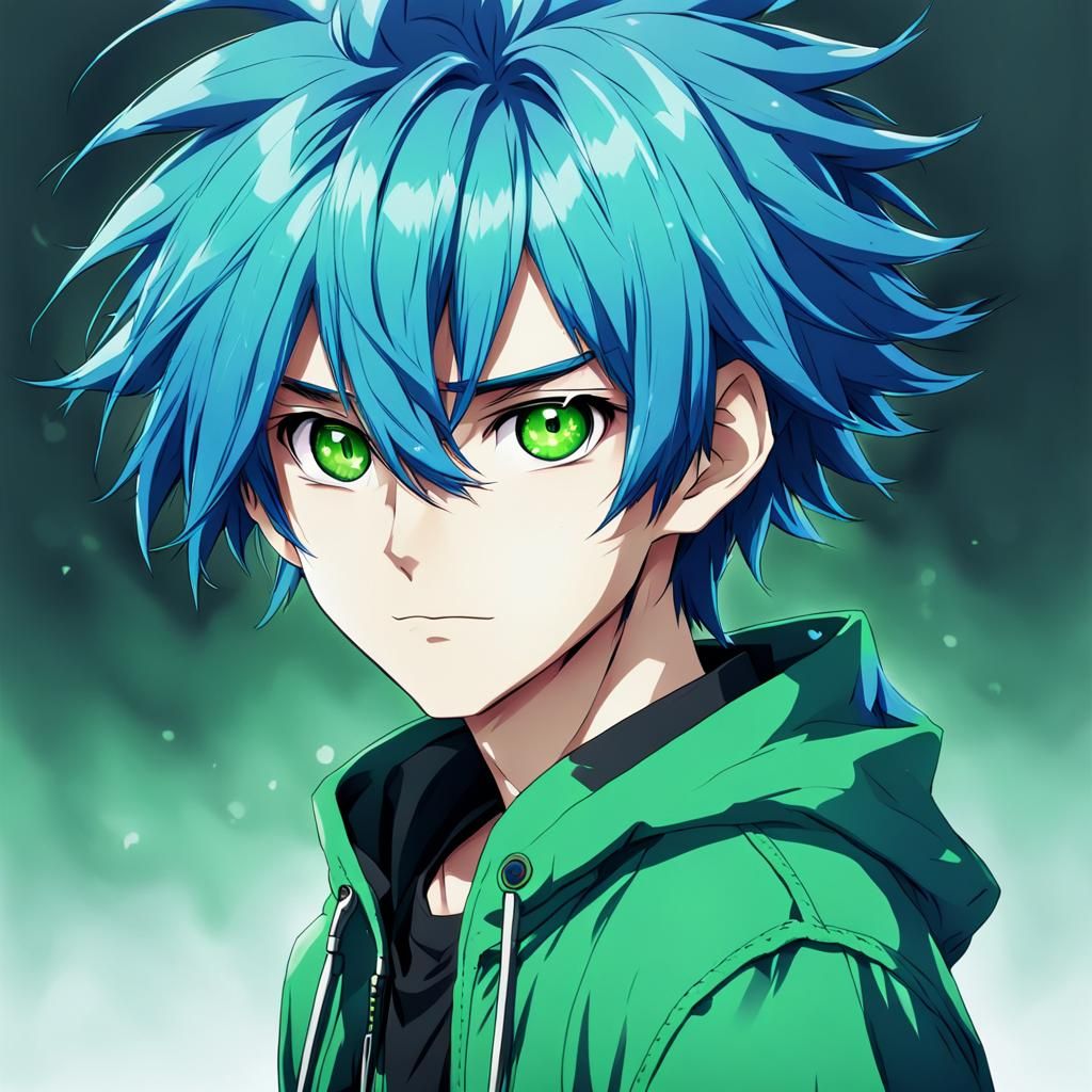 Anime Boy with Vibrant Blue Hair and Mysterious Green Eyes