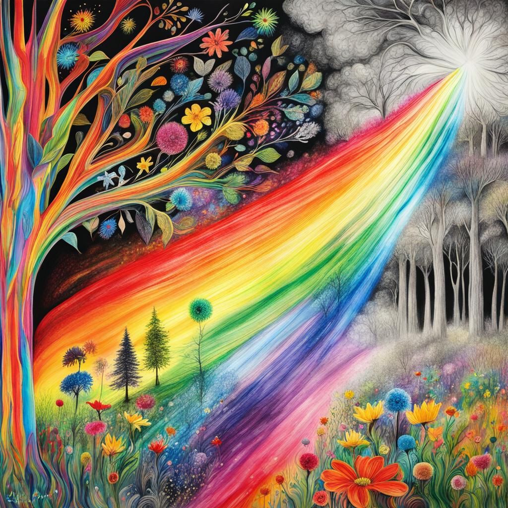 Enchanted forest, trees, flowers, Kids Crayon drawings ,surreal child's drawing , rayograph ,collection of random b&W o...