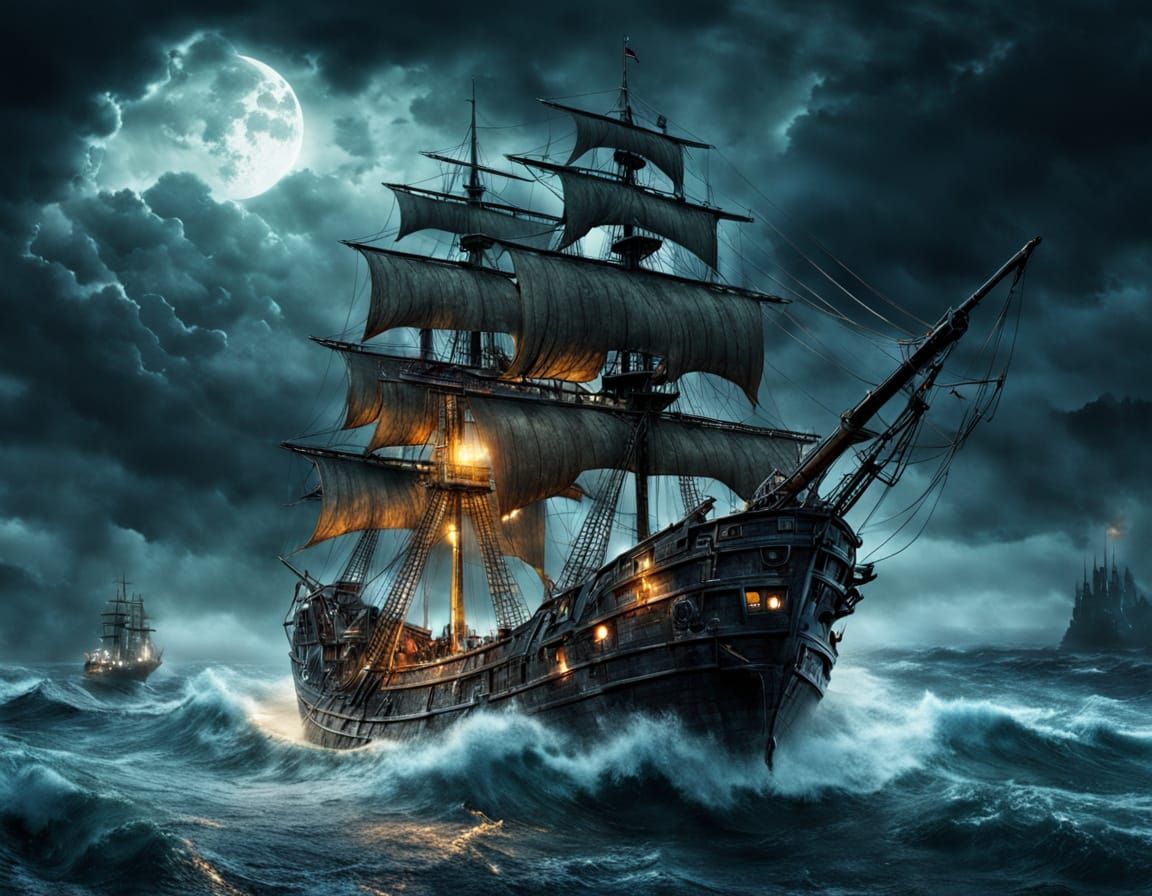 Eerie Ghost Pirate Ship in Stormy Darkness
