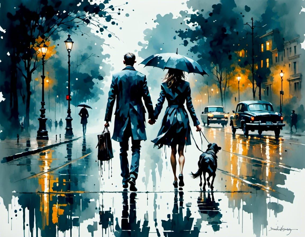 Romantic Watercolor Envisagement of a Rainy Boulevard