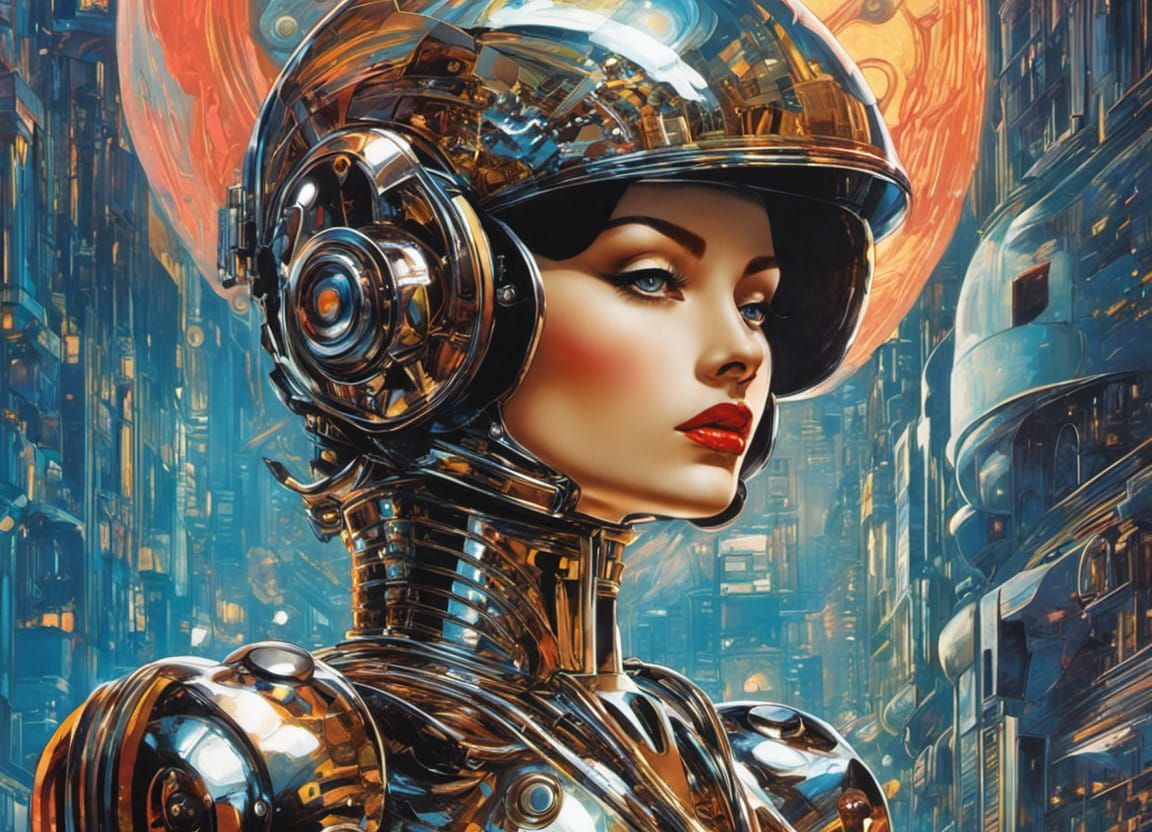 Retro Futuristic Robot Pin-up in Cyberpunk Style
