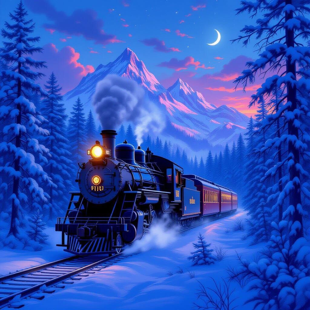Magical Steam Train in Snowy Forest at Twilight