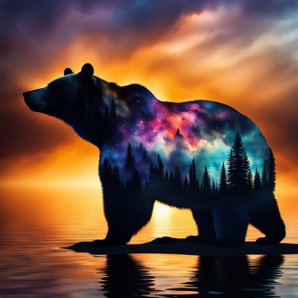 Hyperrealistic Dark Bear Amidst Swirling Galactic Liquids