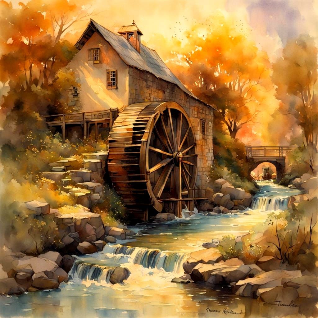 Whimsical Water Wheel Scene in Warm Golden Light