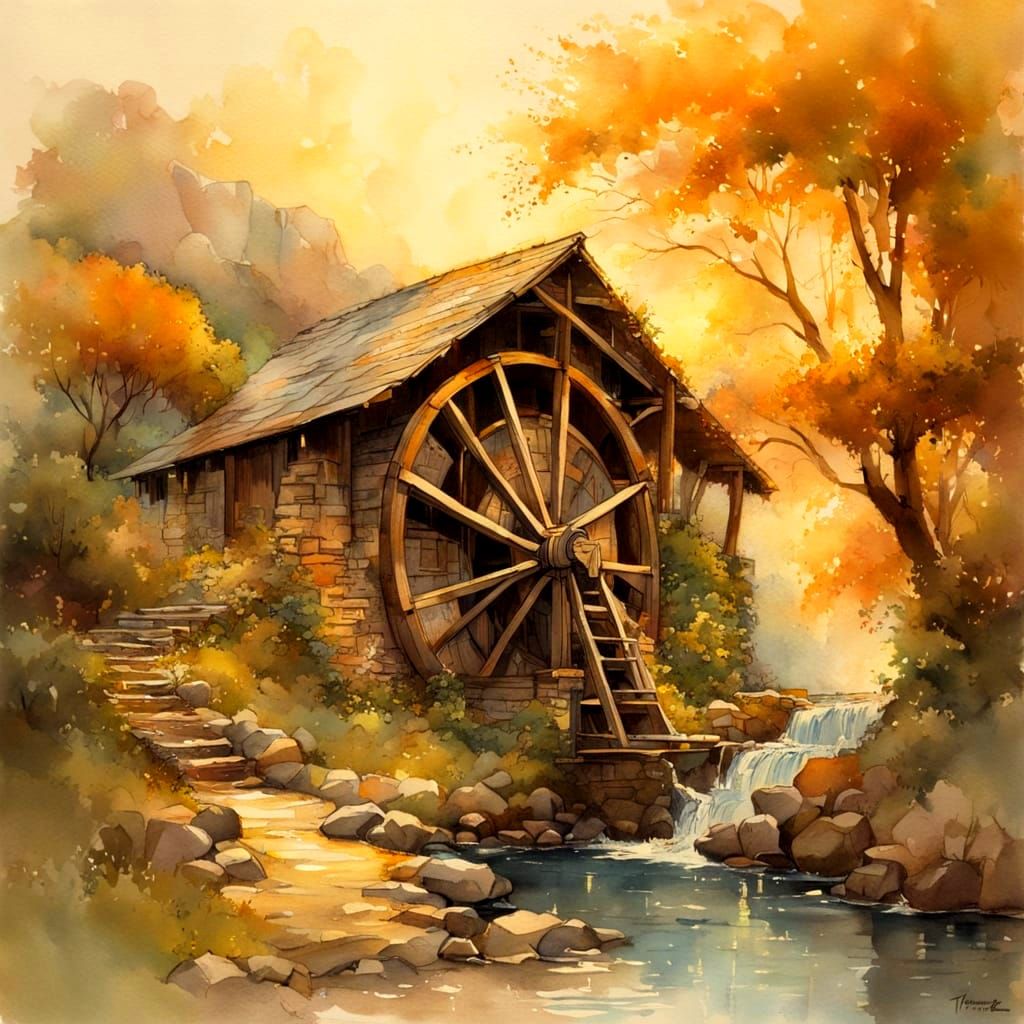Whimsical Water Wheel in Golden Light