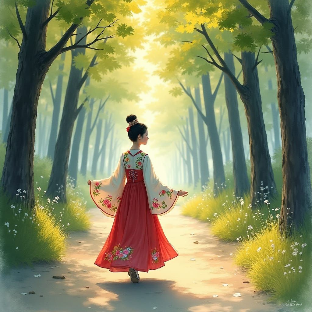 Serene Female Figure in Traditional Hanbok Walking Amidst a...