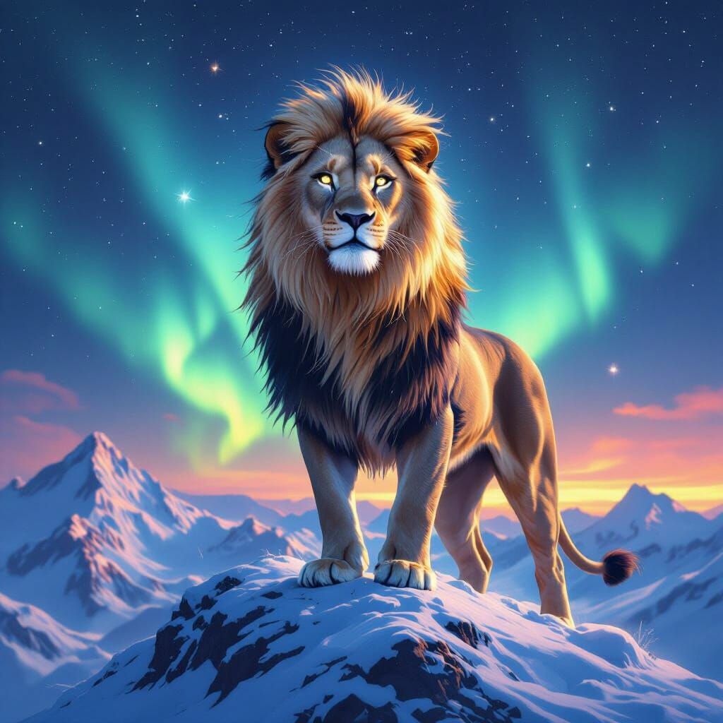Starlight Lioness on Snowy Peak with Aurora