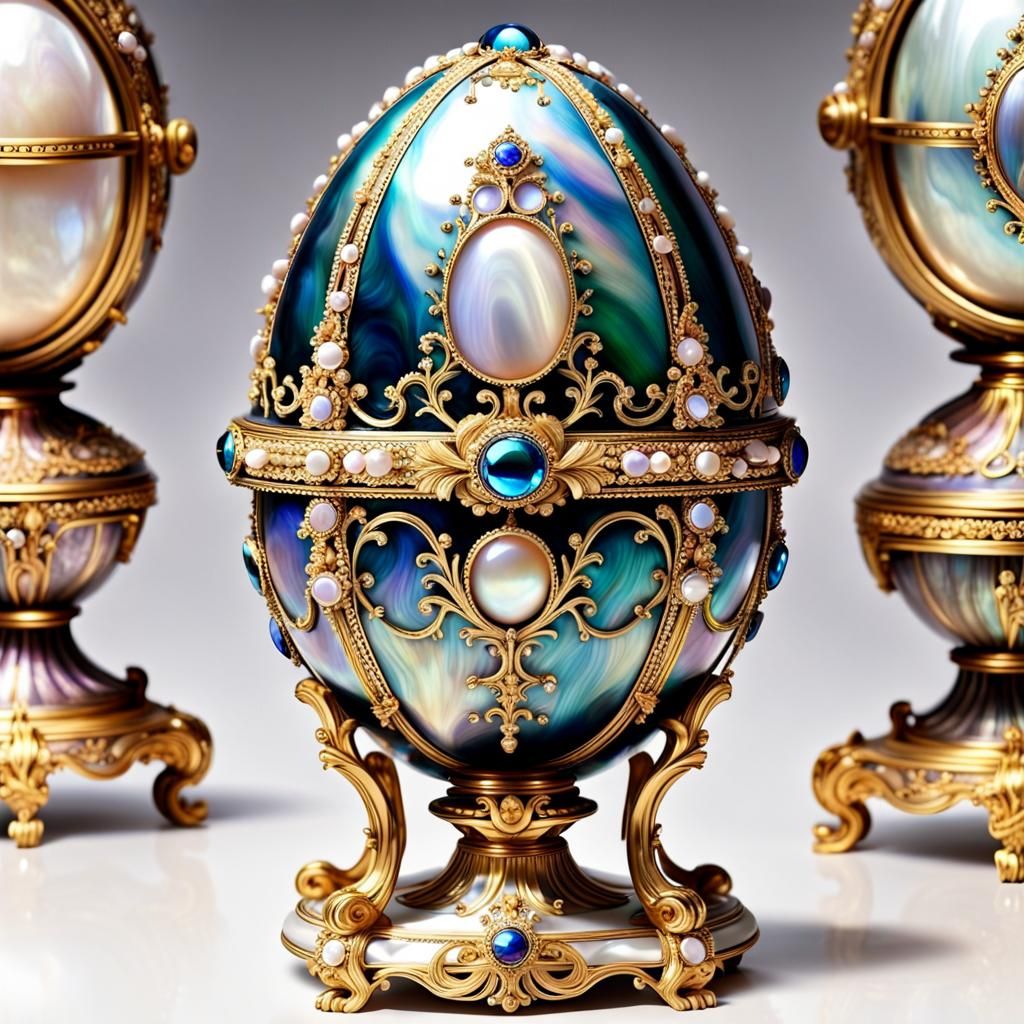 Elegant Mother of Pearl Faberge Egg on Opulent Shelf