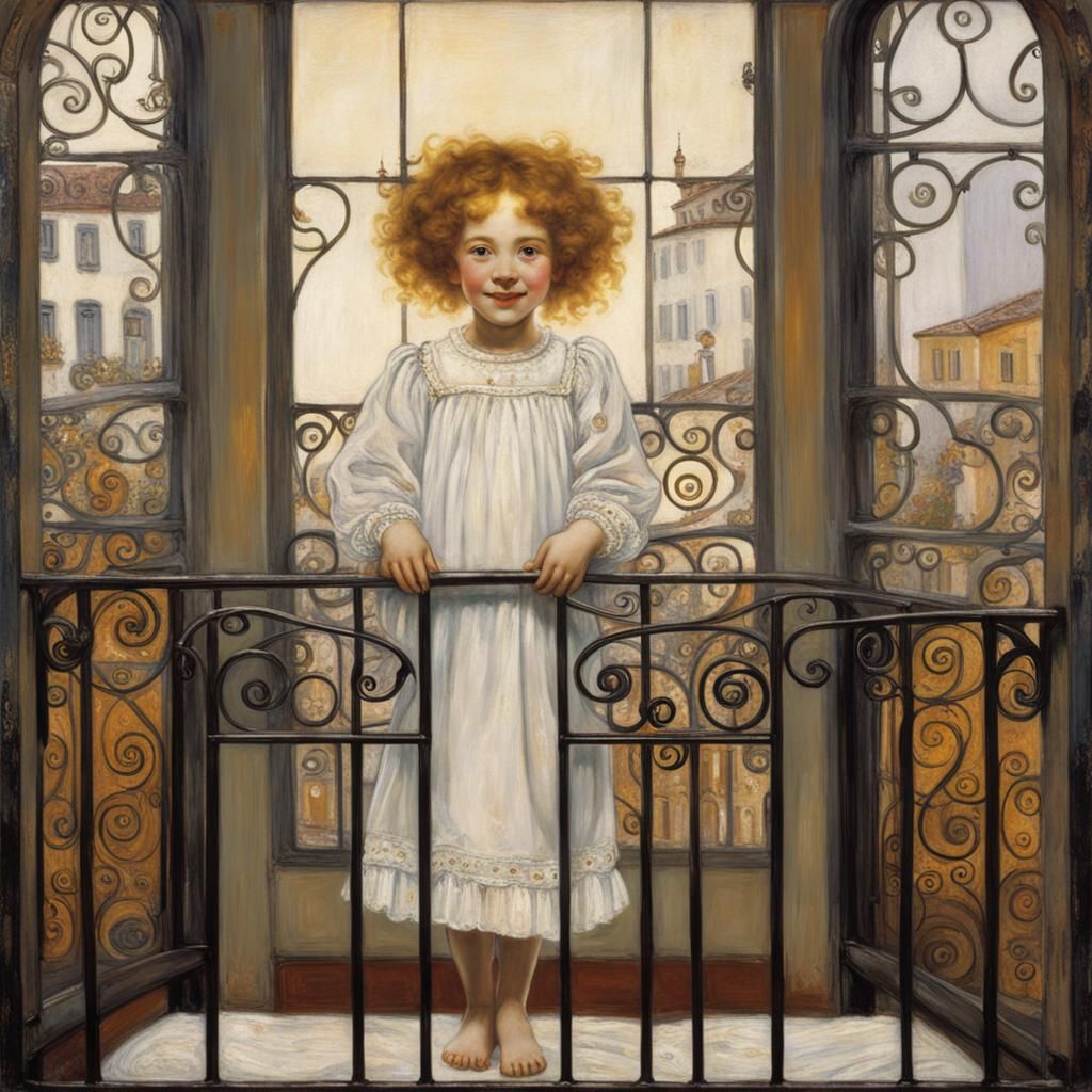 A Young Child Basks in Golden Light on an Iron Bed