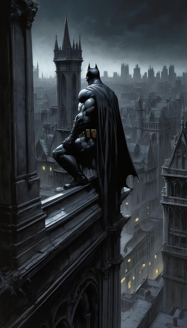Batman in Gothic Gotham Cityscape at Dizzying Height