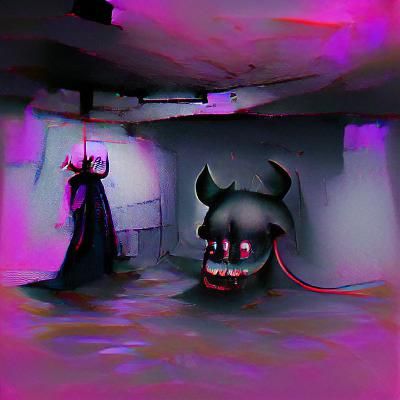Dark Basement Horror Scene Depicted in a Grim Cyberpunk Styl...