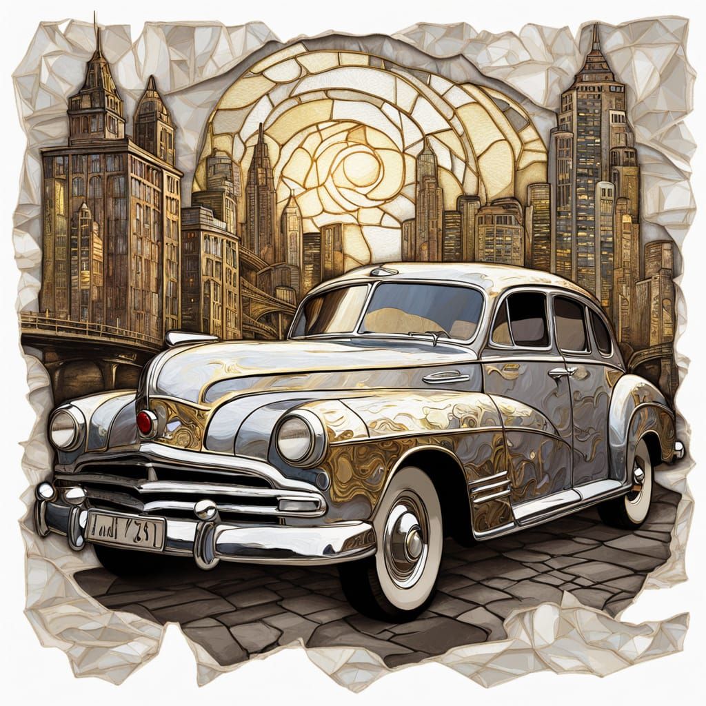 Vintage Car in Sepia Cityscape Impasto Oil Painting