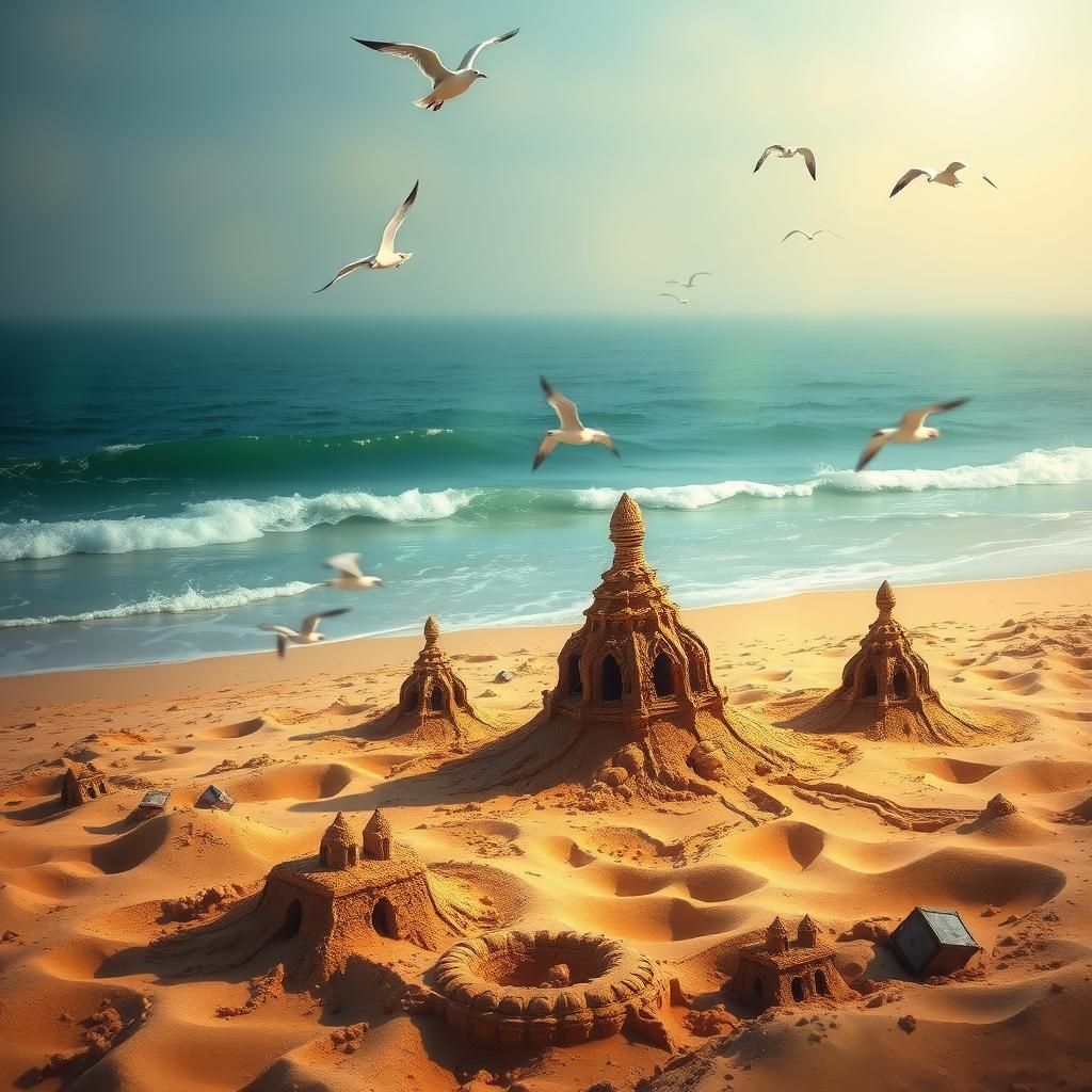 Surreal Sand Castles in a Dreamy Coastal Scene