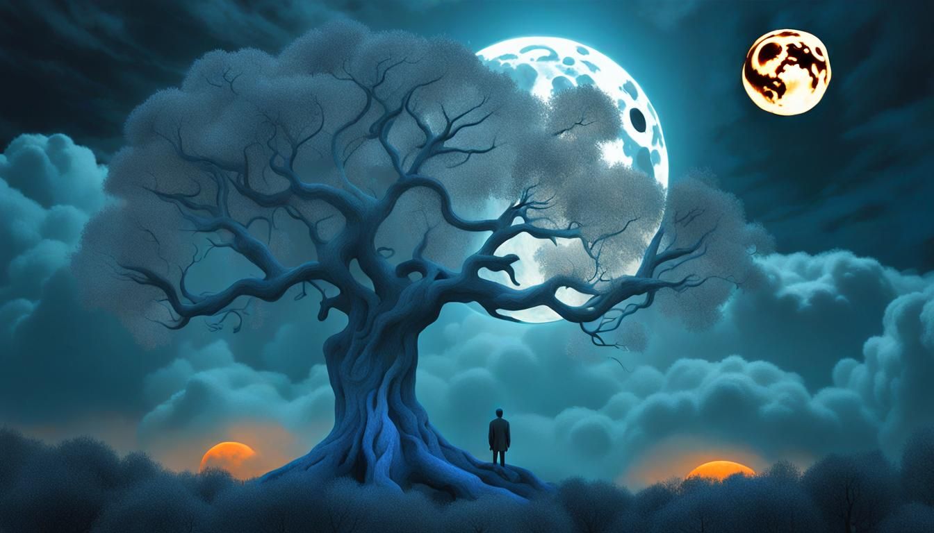 Ethereal Grey Alien in Dreamlike Blue Tree