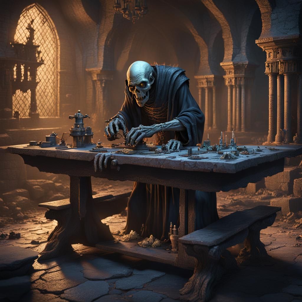Crypt Keeper Crafts Enchanting Table in Rich Fantasy Setting
