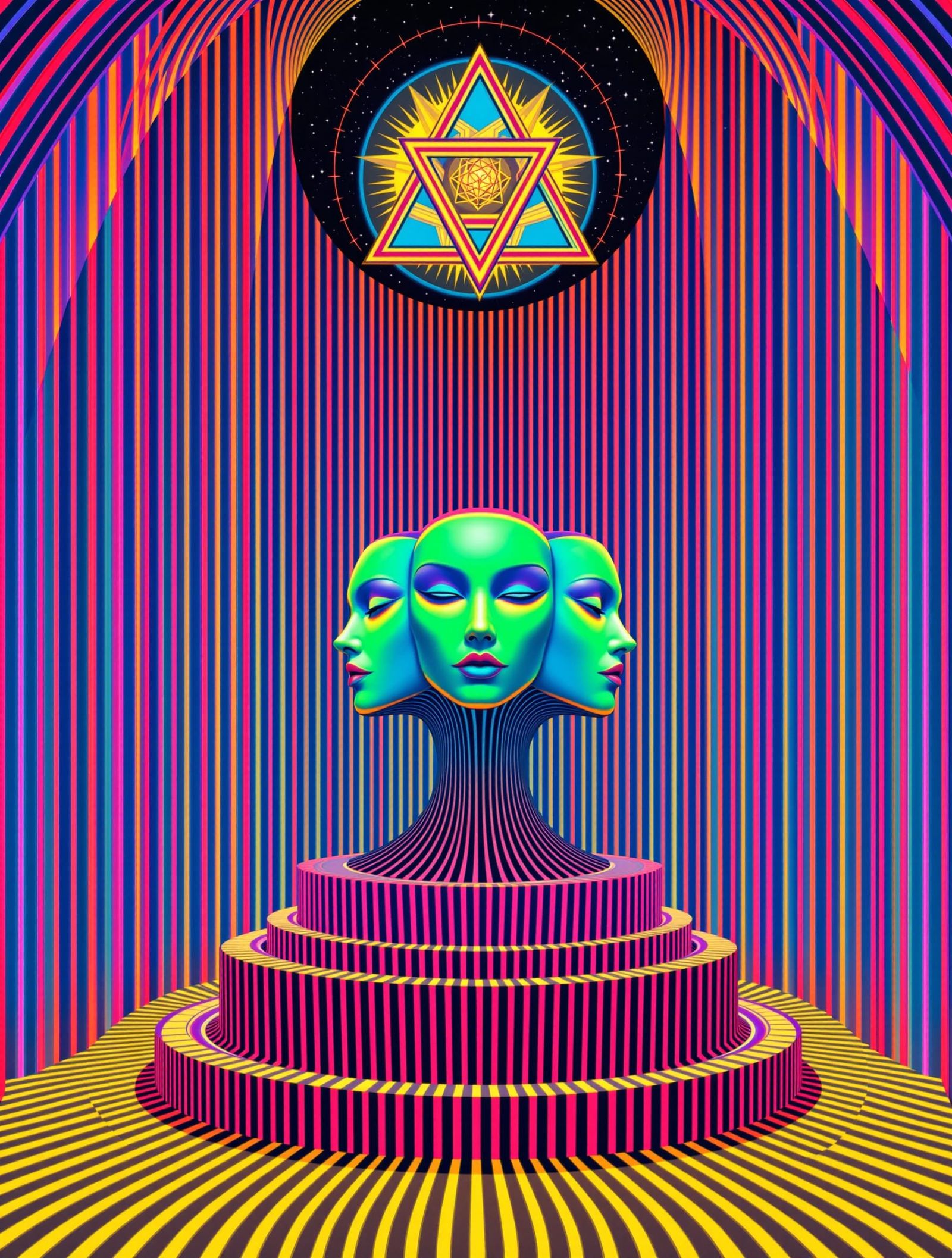 Op-Art Shrine with Triple-Faced Sentinel in Fractal Motion