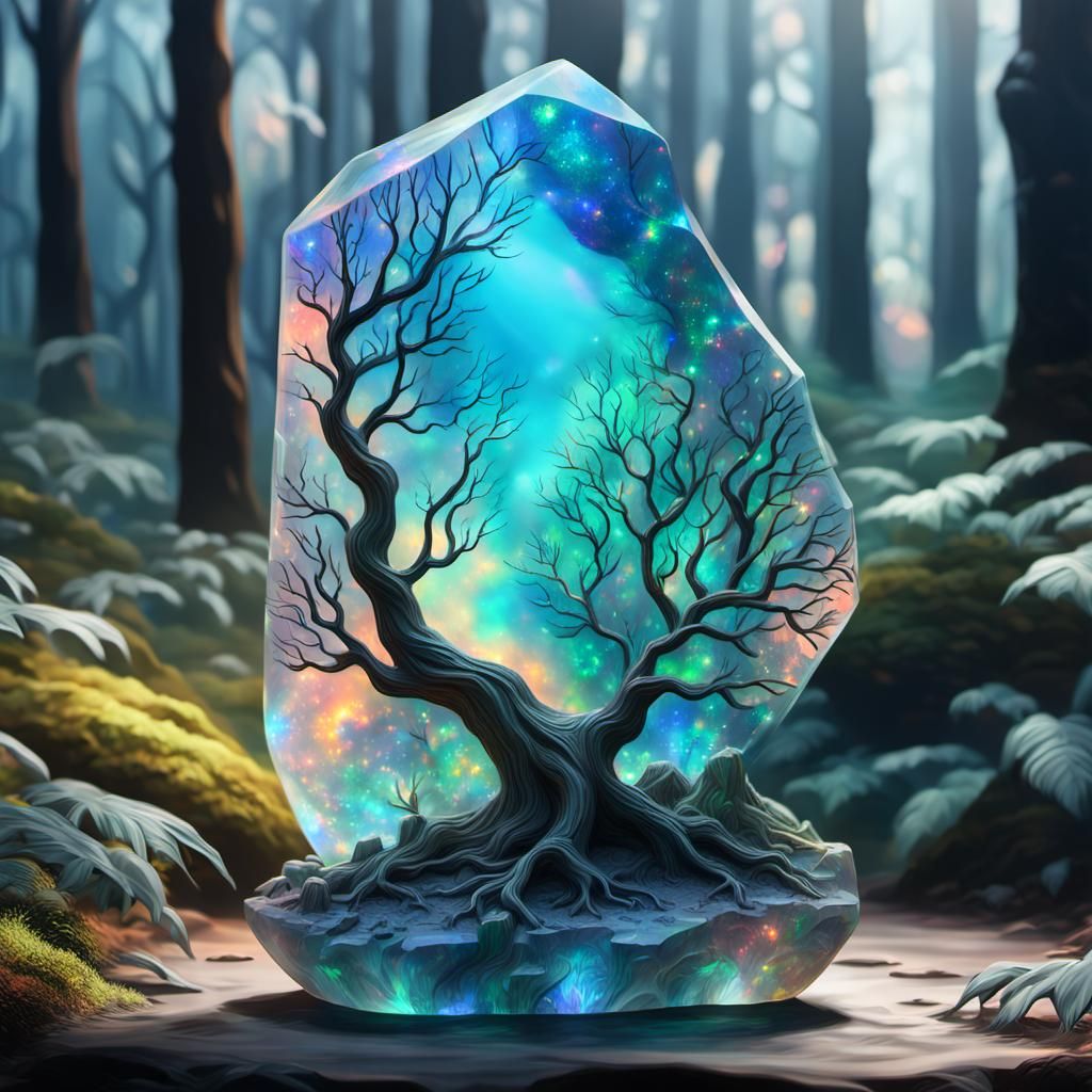 Opal Tree Statue Radiates in Crystal Forest