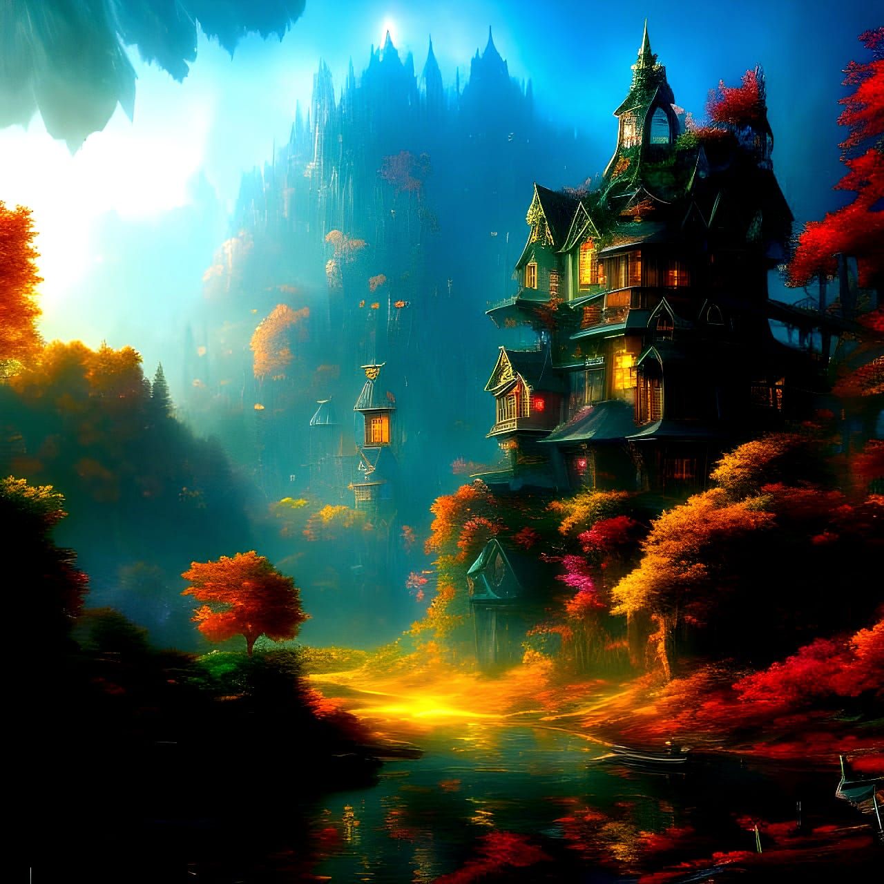 Stained Glass Faery Town in Digital Landscape Art