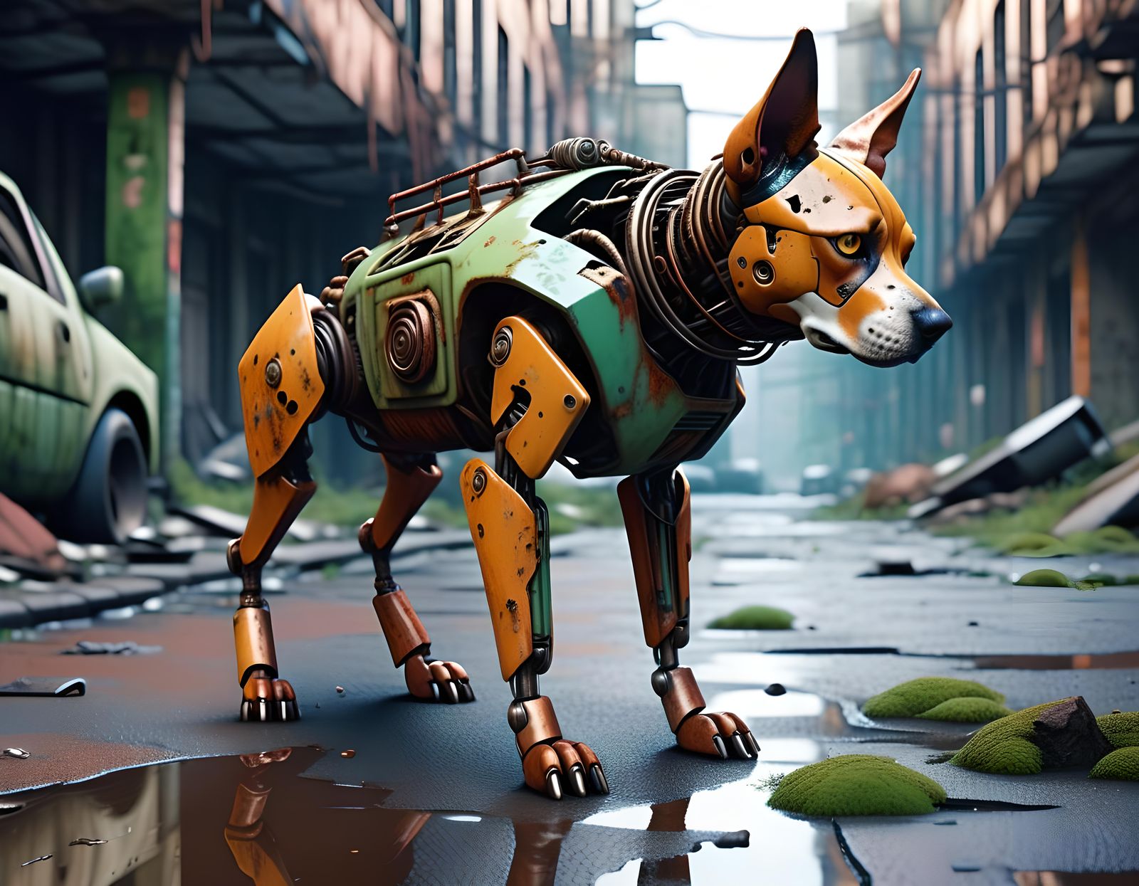Cyborg Dog Wanderer in Post-Apocalyptic Cyberpunk Wasteland
