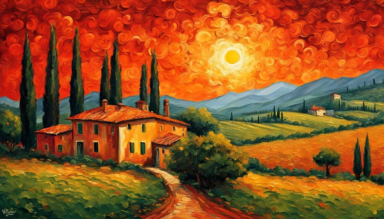 Italian Villa Sunset in Impasto Painting Style