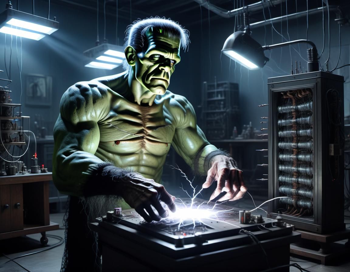 A Hyperrealistic Horror Scene: Frankenstein Endures Lightnin...