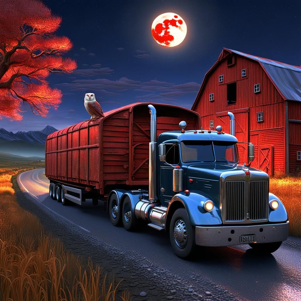 Surreal Barn Owl Truckstop Scene Under Twilight Skies