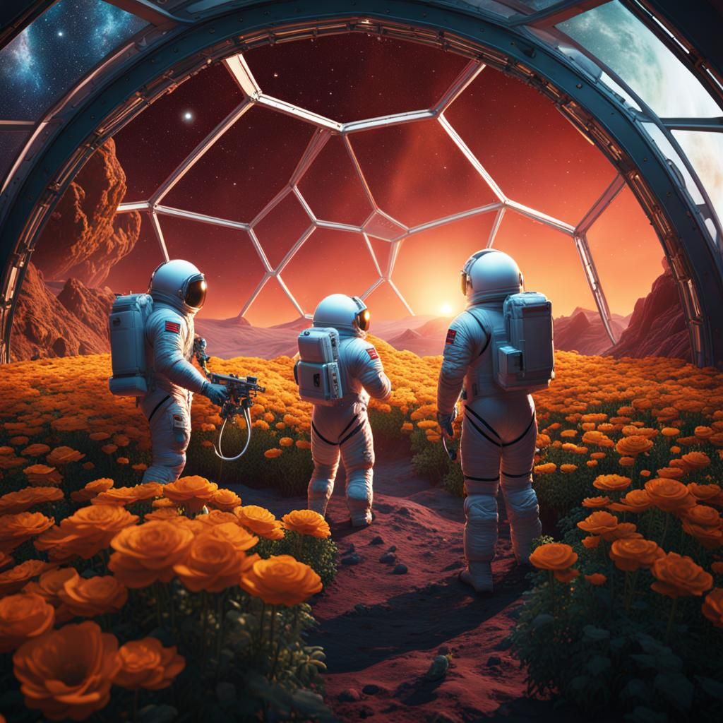 Men in Spacesuits Nurture Moonflowers in a Geodesic Dome Par...