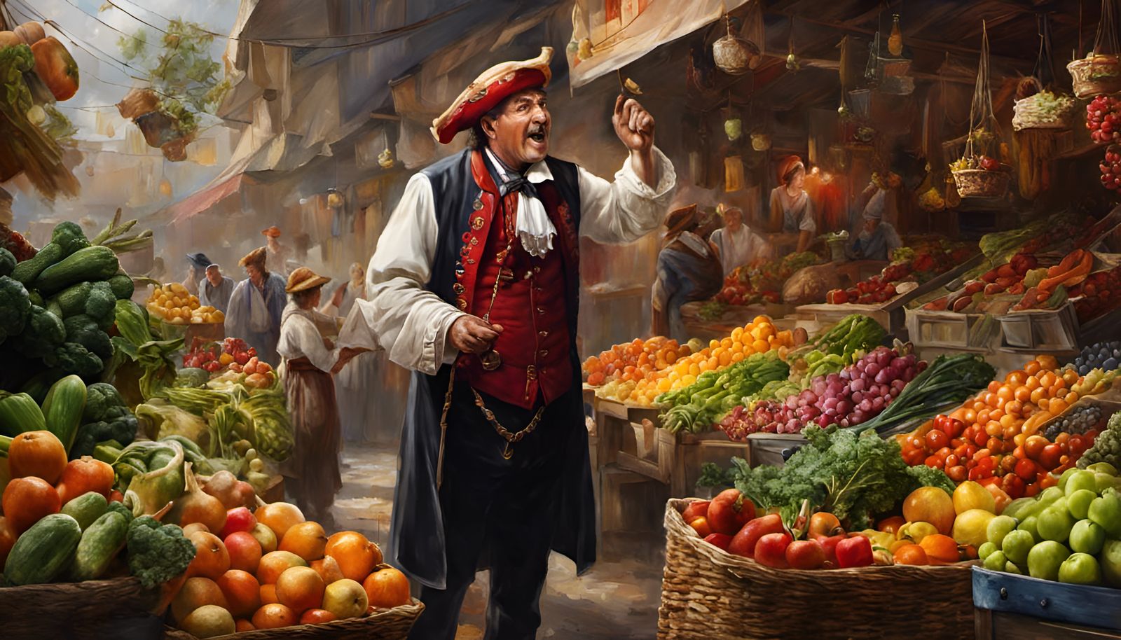 Vibrant Market Crier in Modern Farmer Attire, Praising Fruit...