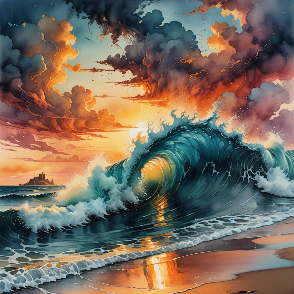 Watercolor Double Exposure: Waves, Storm Clouds, Sunset