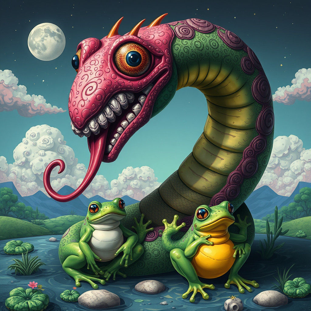 Whimsical Mythical Serpent Surrounded by Frogs in Dreamlike....