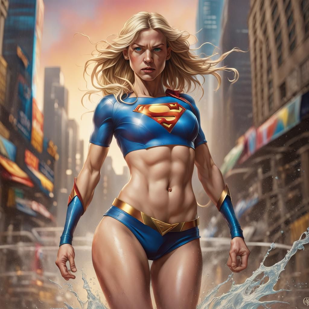 Dramatic Hyperrealistic Supergirl in Vibrant Splash Art Styl...