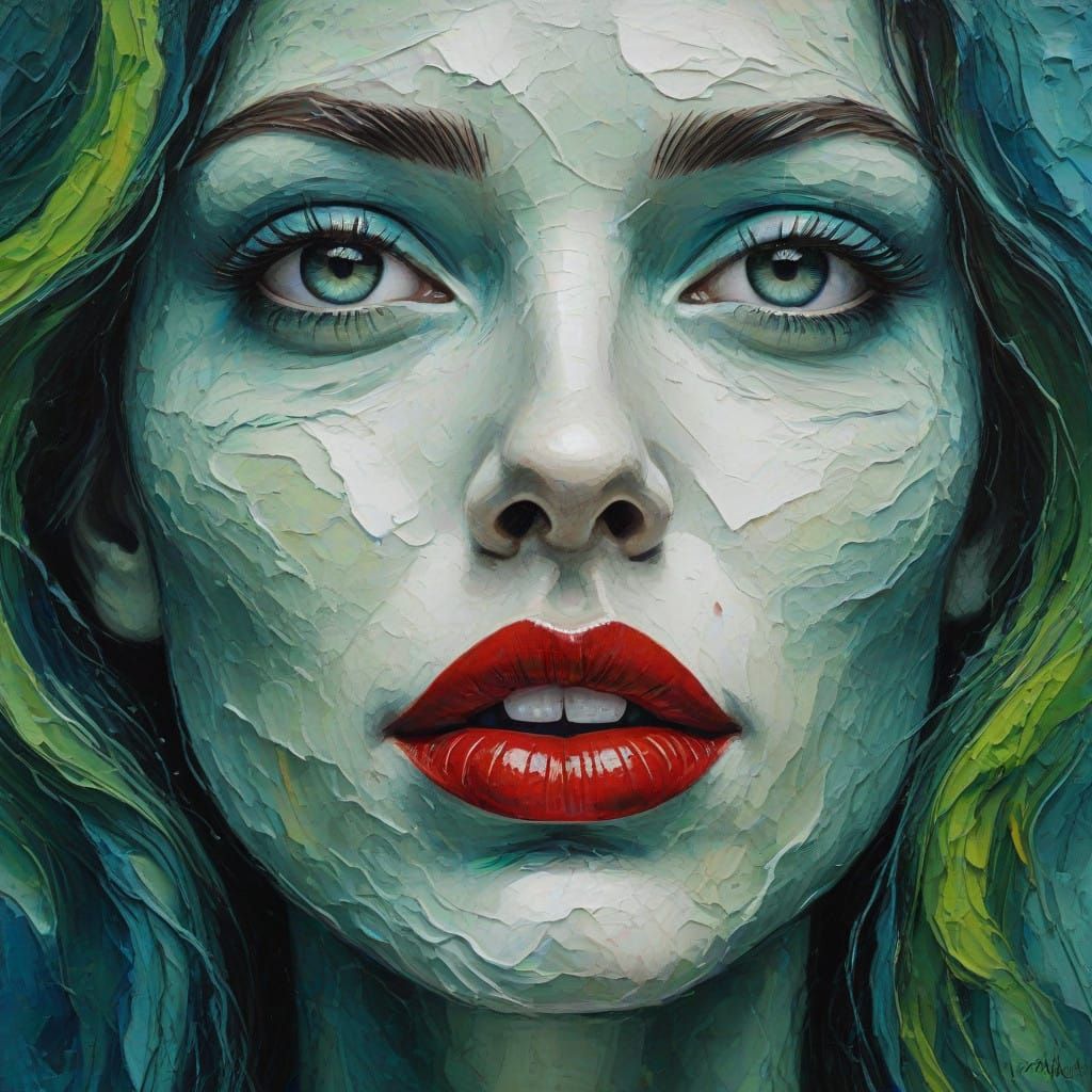 Abstract Female Face in Impasto Painting with Waves