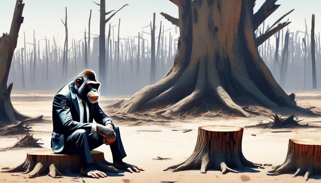 a gangster ape in a tattered suit sits depressed against a t...