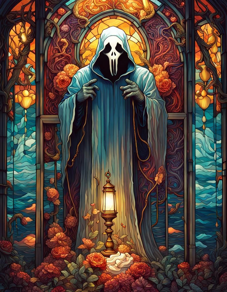 Stained Glass Ghostface in Whimsical Hyperrealism