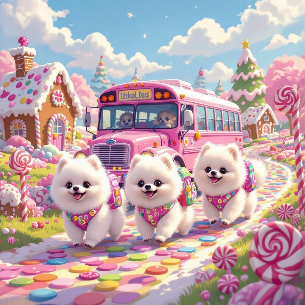 Pomeranians Chase Pink School Bus in Candy Land