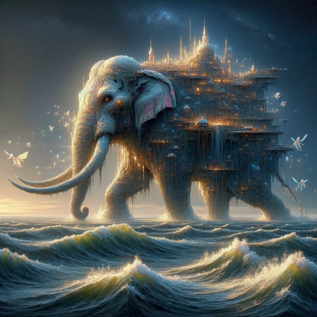 Ethereal Elephant Supports Island City Amidst Bioluminescent...