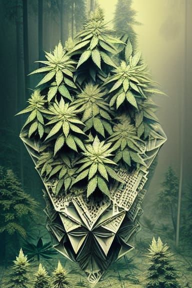 Vibrant Origami Forests Born from Cannabis Buds in Maximalis...