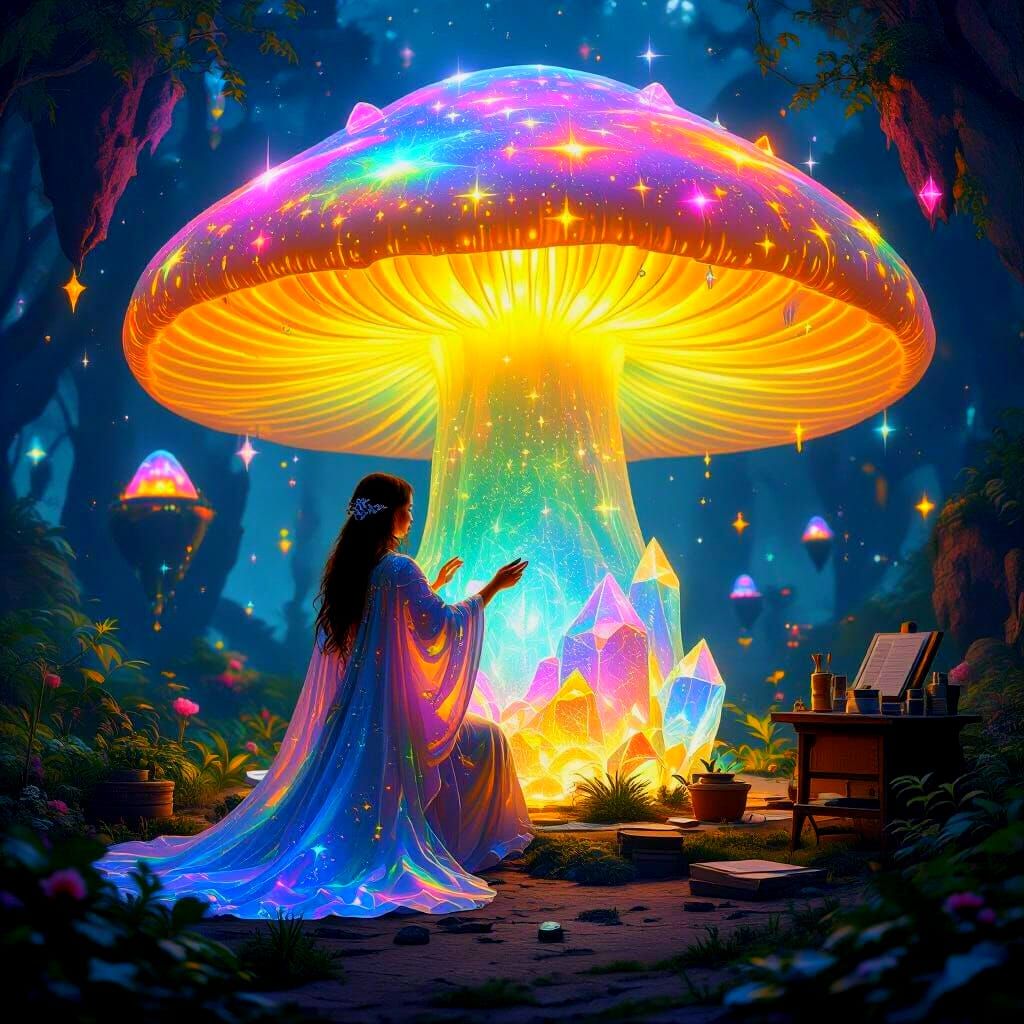Bioluminescent Crystal Artist in Mushroom Studio
